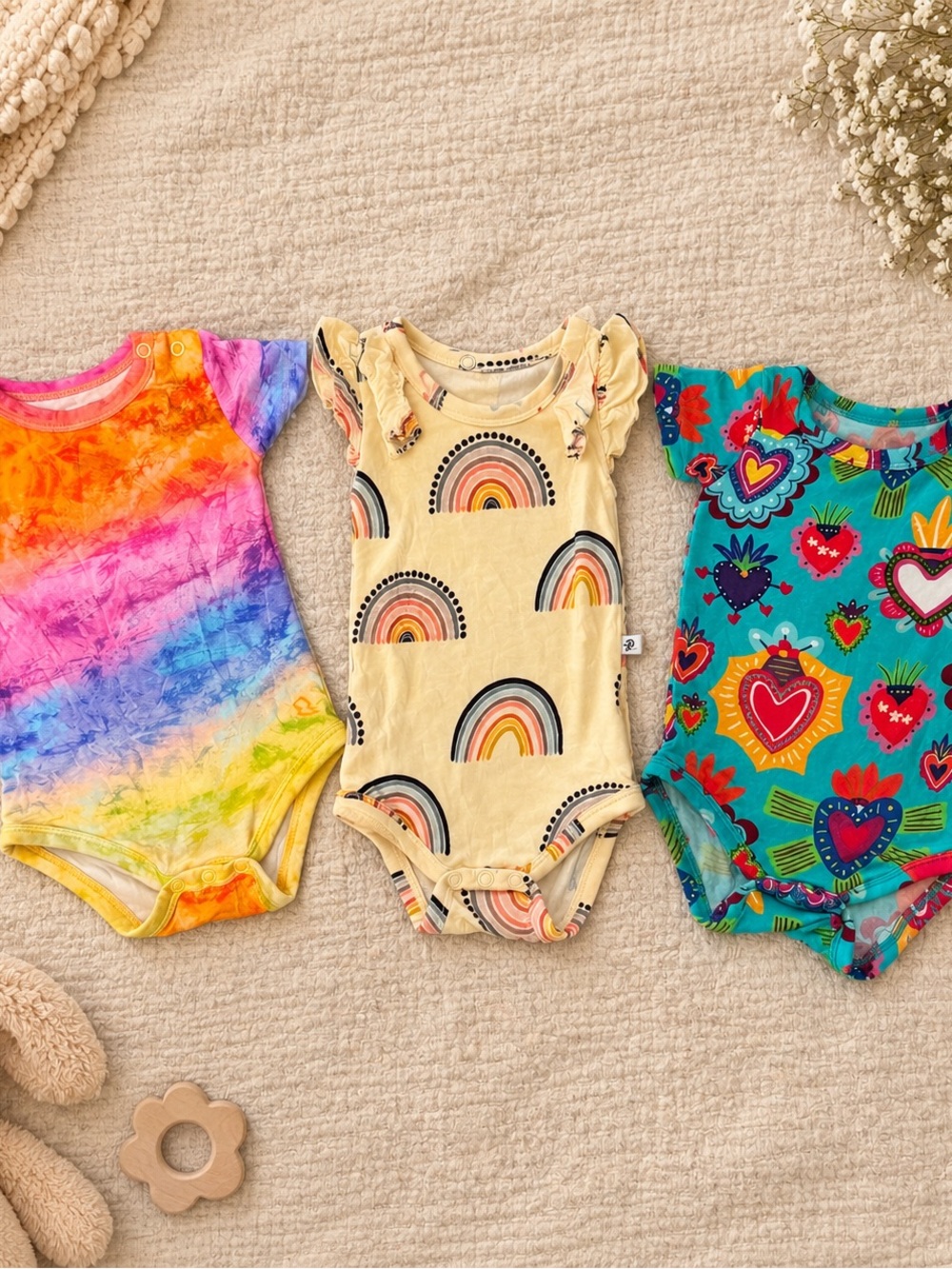 Yellow Rainbow Print Ruffle Sleeve Baby Bodysuit